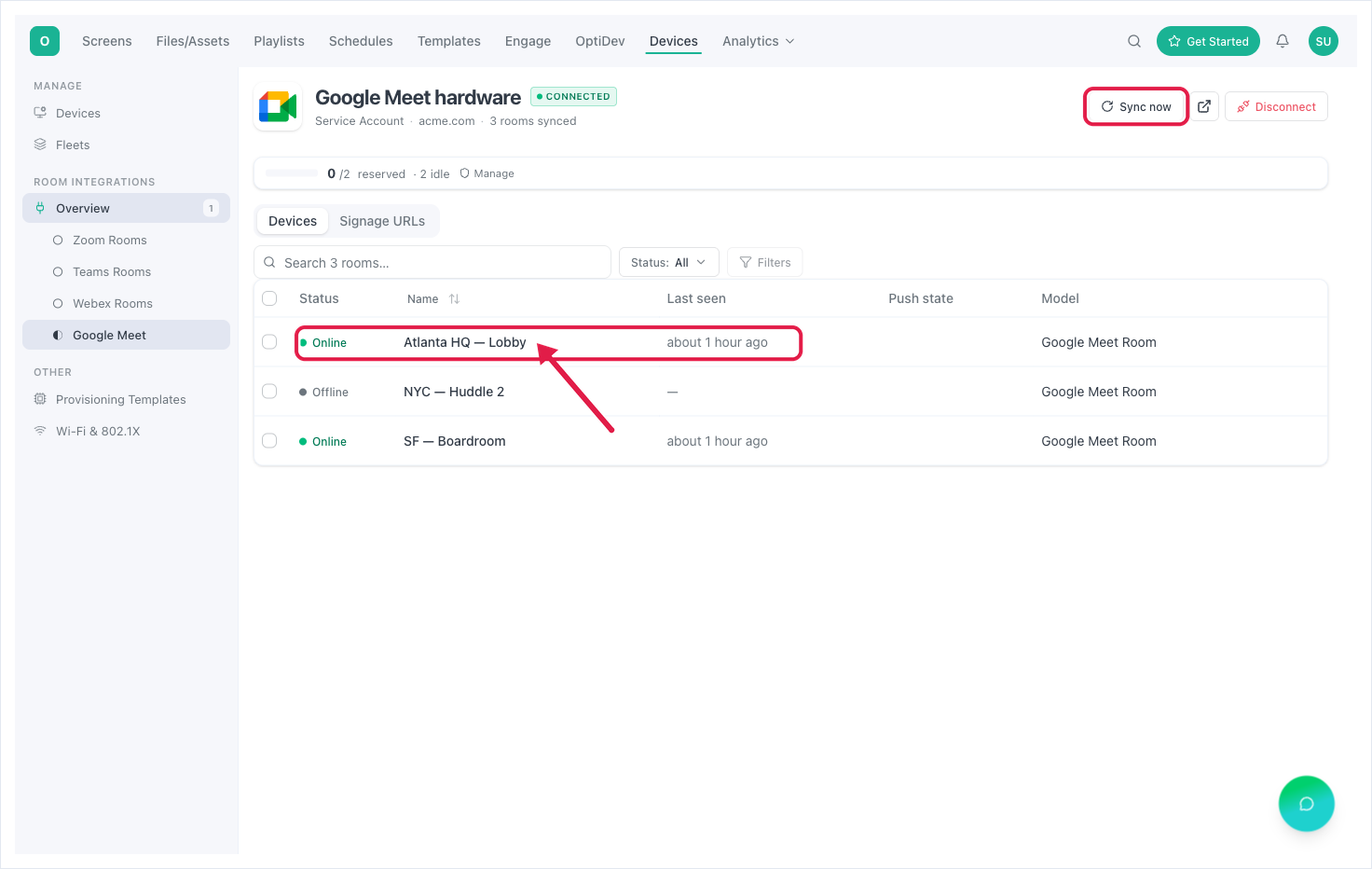 The connected Devices tab — discovered Google Meet hardware with status and model