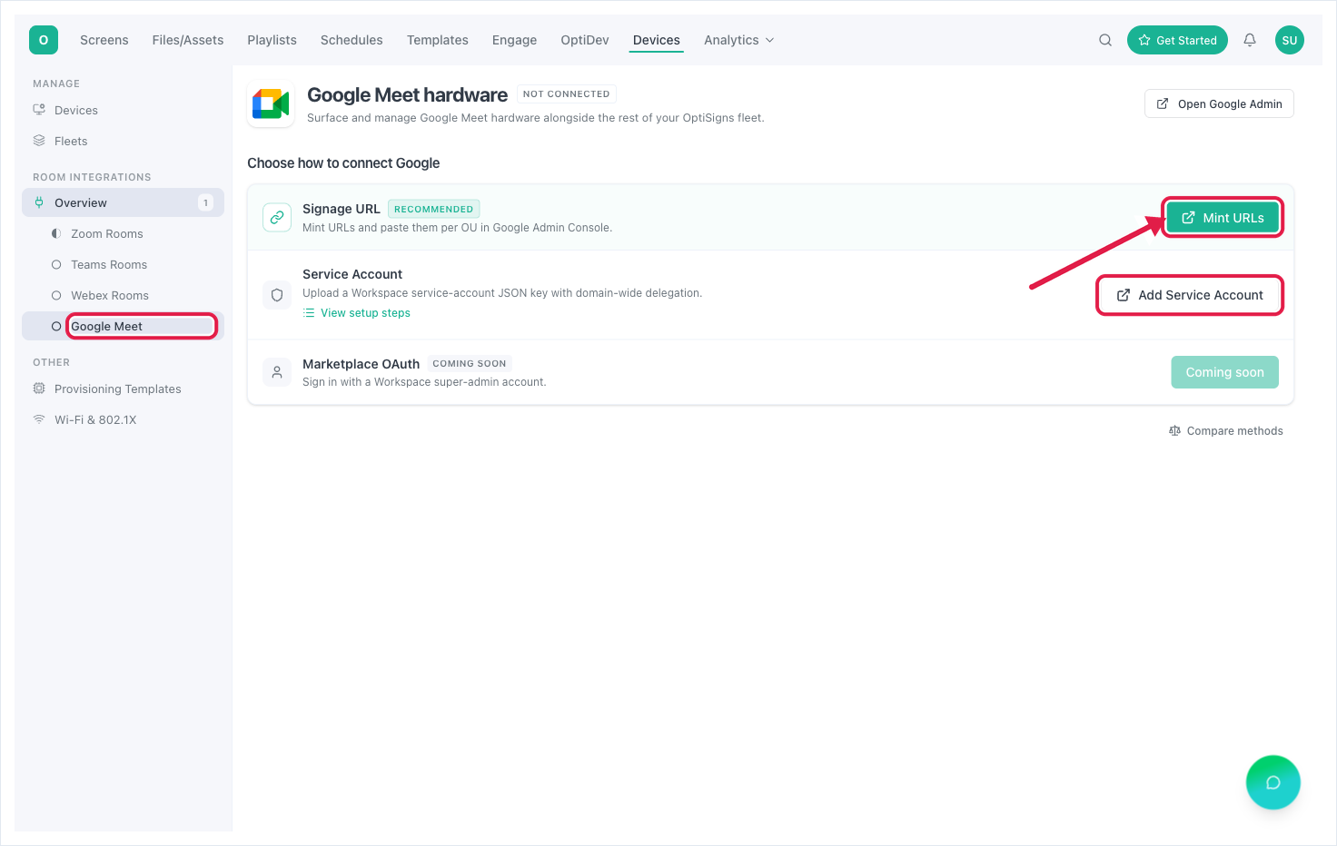 OptiSigns Google Meet — choose how to connect: Signage URL (recommended), Service Account, and Marketplace OAuth (coming soon)