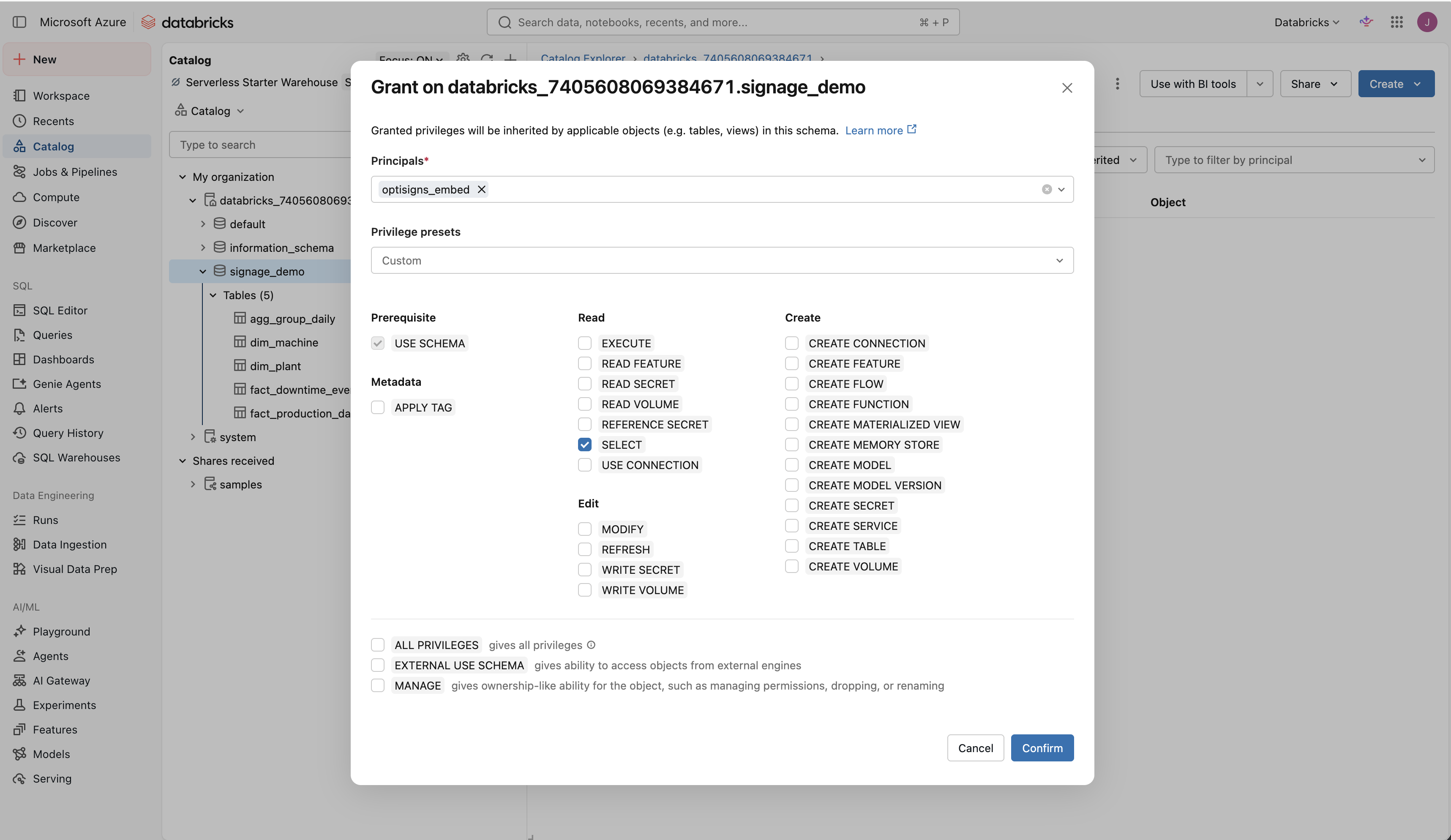 Grant dialog for the optisigns_embed principal with USE SCHEMA and SELECT ticked