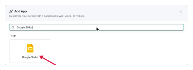 Add App search results showing the Google Slides app