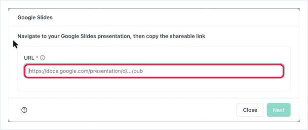 The Google Slides dialog asking for the presentation URL