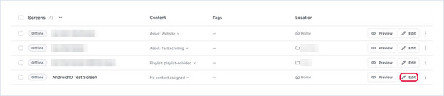 A screen row in the Screens list with the Edit button highlighted