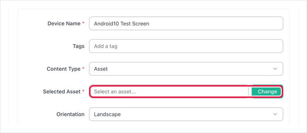 Selected Asset field with the Change button highlighted