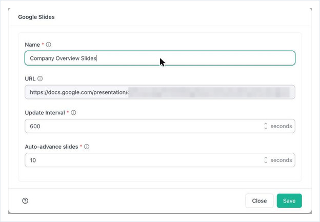 Name, URL, Update Interval and Auto-advance settings for a public presentation