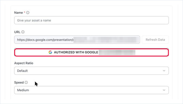 The app authorized with Google, showing Aspect Ratio and Speed settings