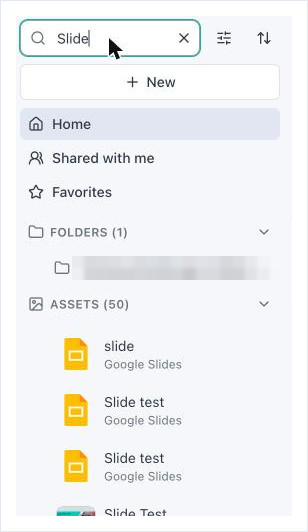 The right-hand asset panel filtered to Google Slides assets