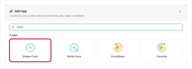 Add App results showing Simple Clock, World Clock, CountDown and CountUp