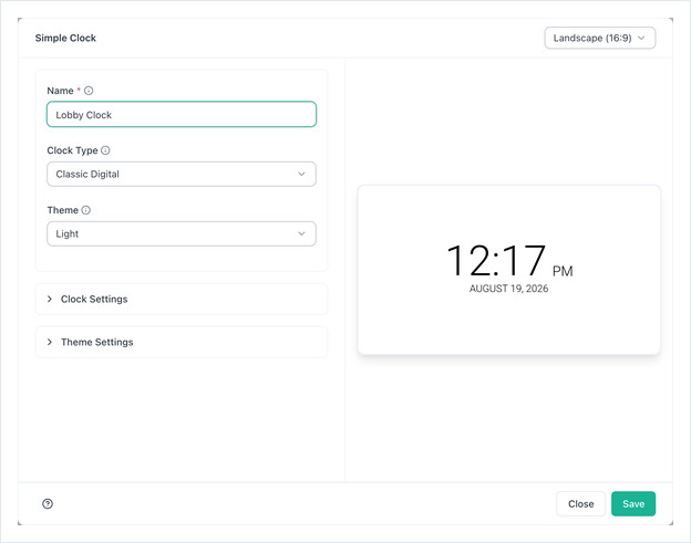 Simple Clock dialog: Name, Clock Type and Theme on the left, live clock preview on the right
