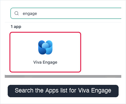 Add App dialog with the Viva Engage app highlighted