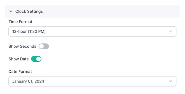 Clock Settings with Time Format, Show Seconds, Show Date and Date Format