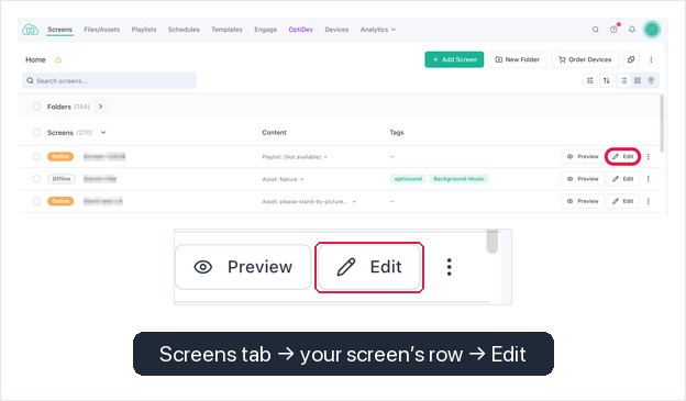 Screens list with the Edit button on a screen row highlighted, shown magnified below