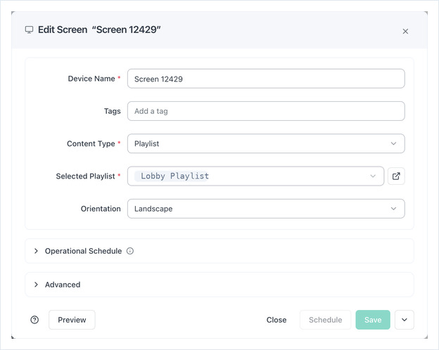 The Edit Screen window with Device Name, Content Type, Selected Playlist and Orientation