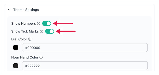 Analog Theme Settings with arrows on the Show Numbers and Show Tick Marks toggles