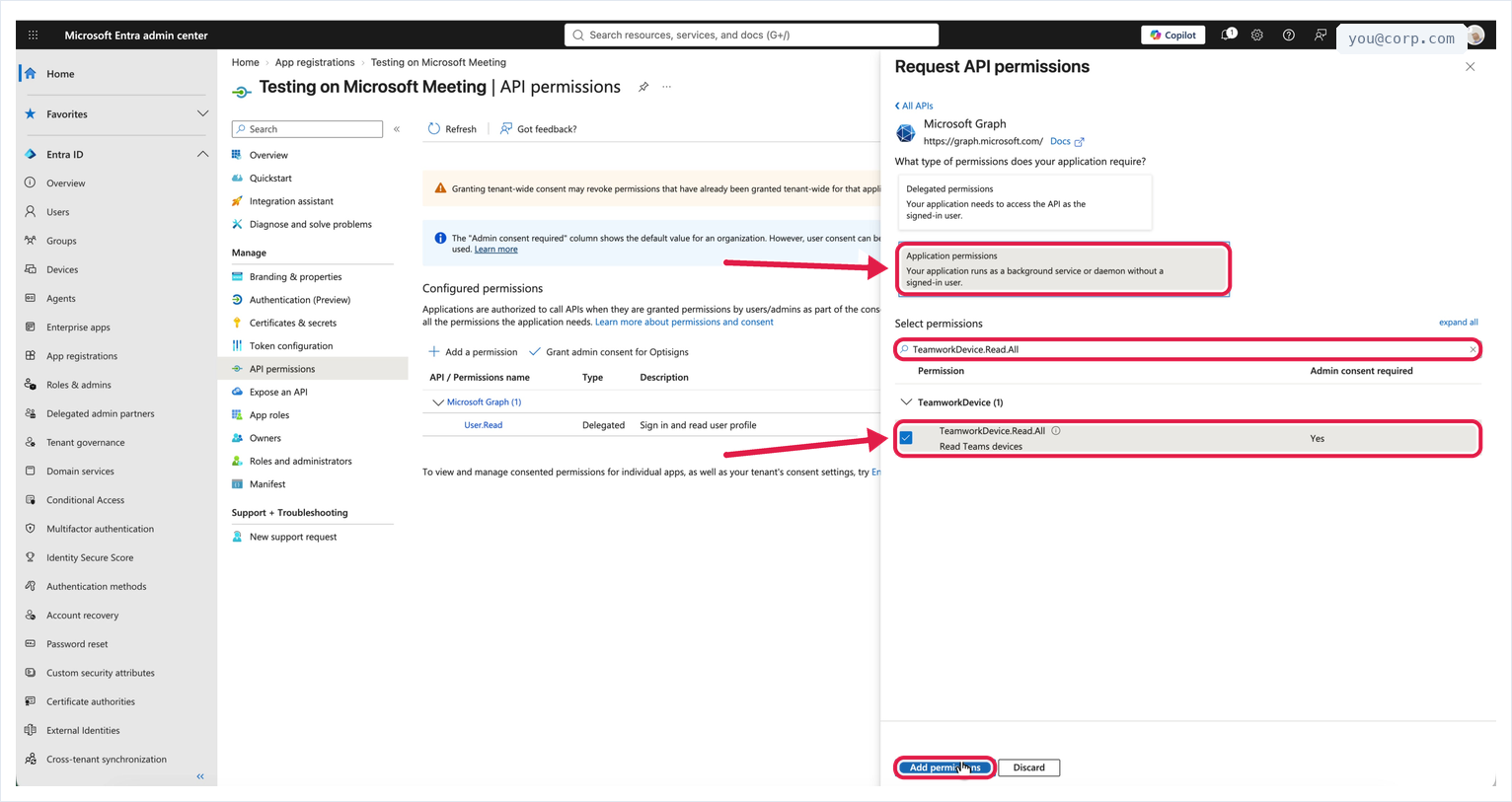 Choosing Application permissions, then searching for and ticking TeamworkDevice.Read.All
