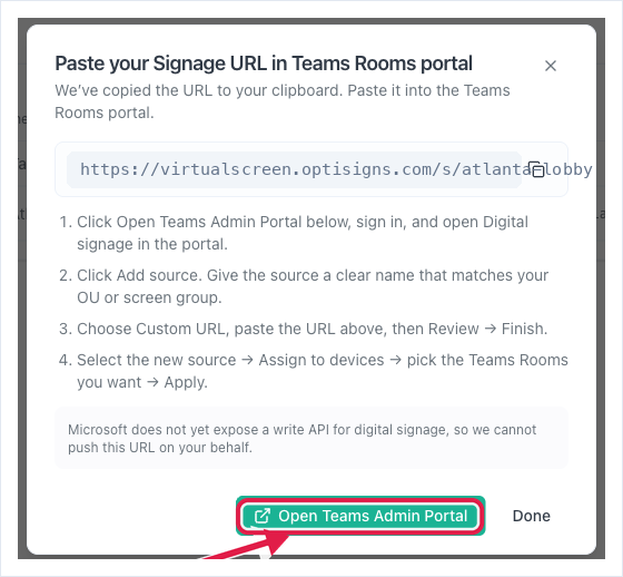 The paste-instructions dialog — copy the URL, then click Open Teams Admin Portal
