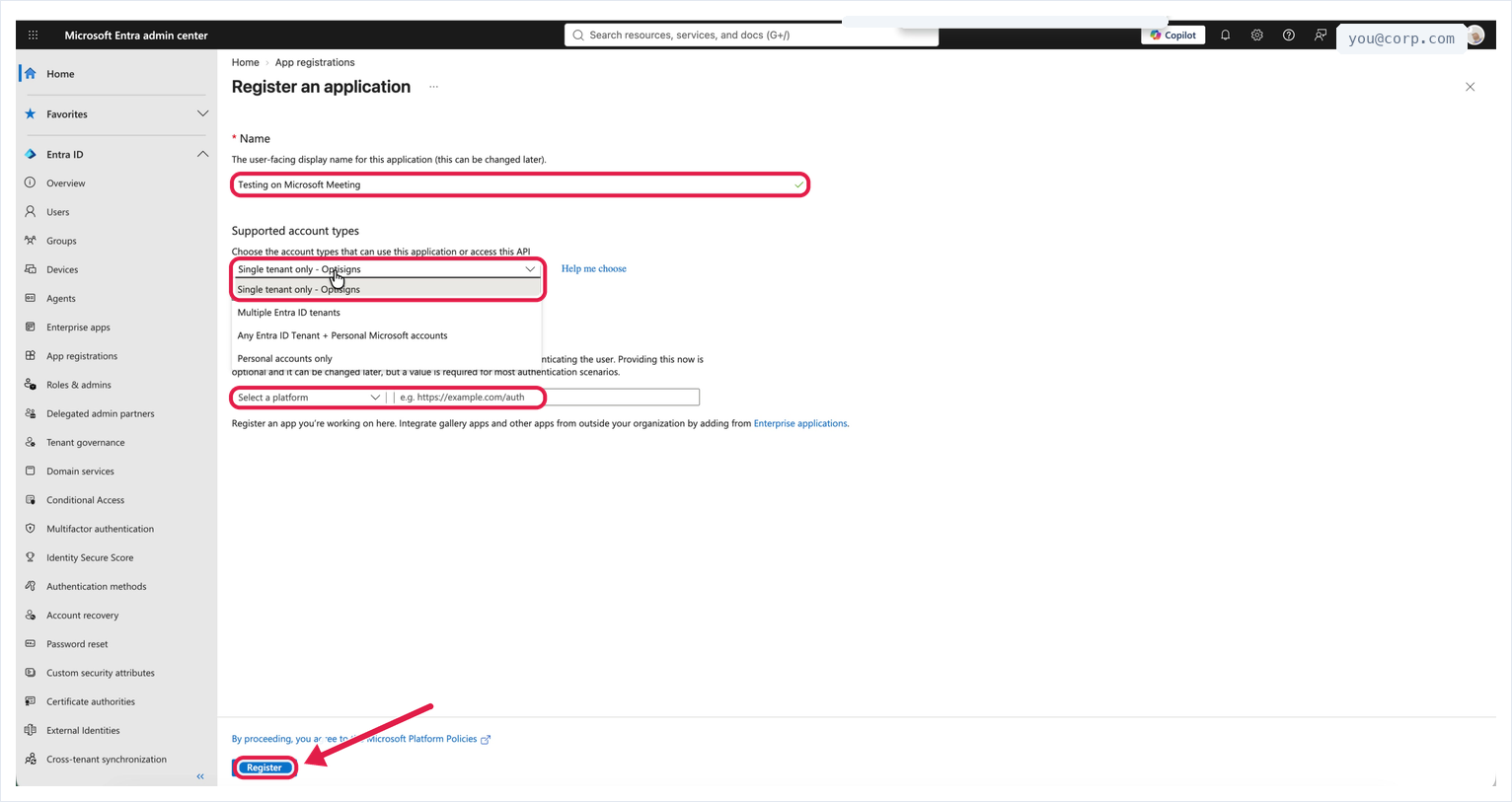 Register an application — name the app, choose Single tenant, leave Redirect URI blank, then Register
