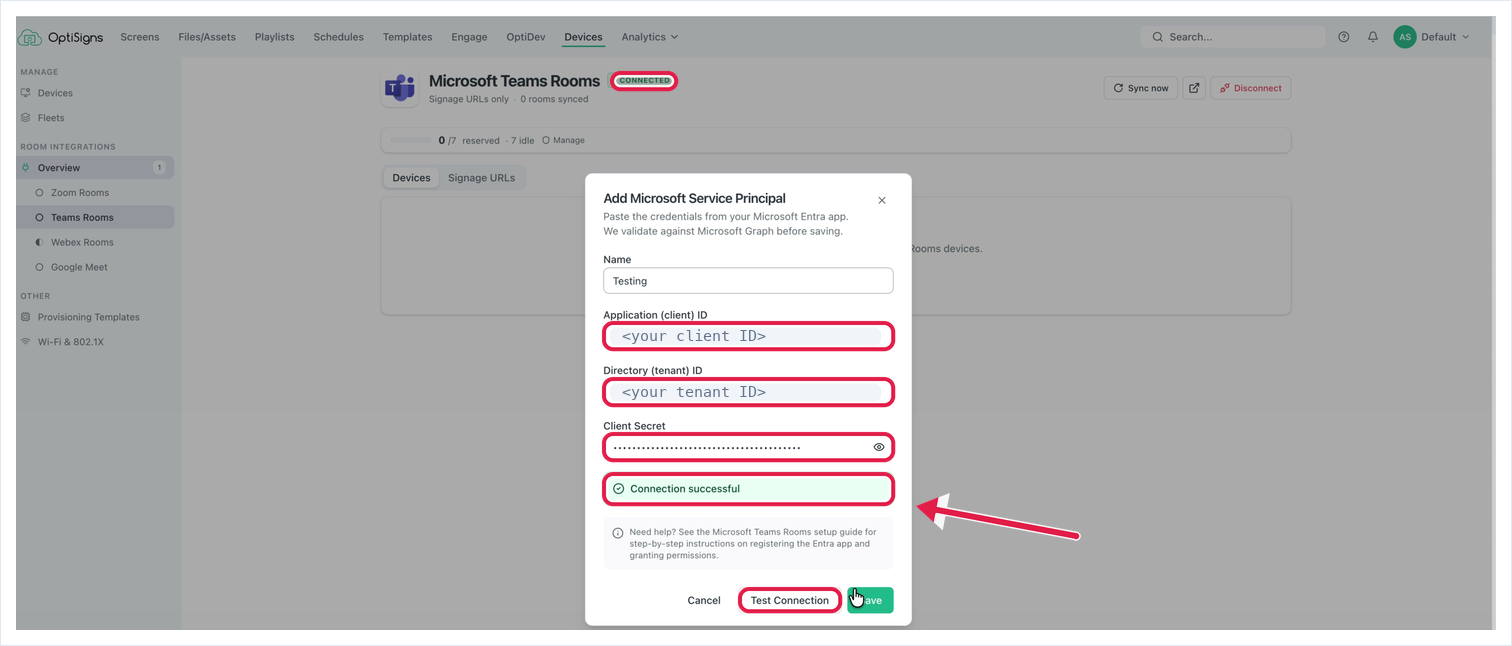 The Add Microsoft Service Principal dialog filled in, showing Connection successful