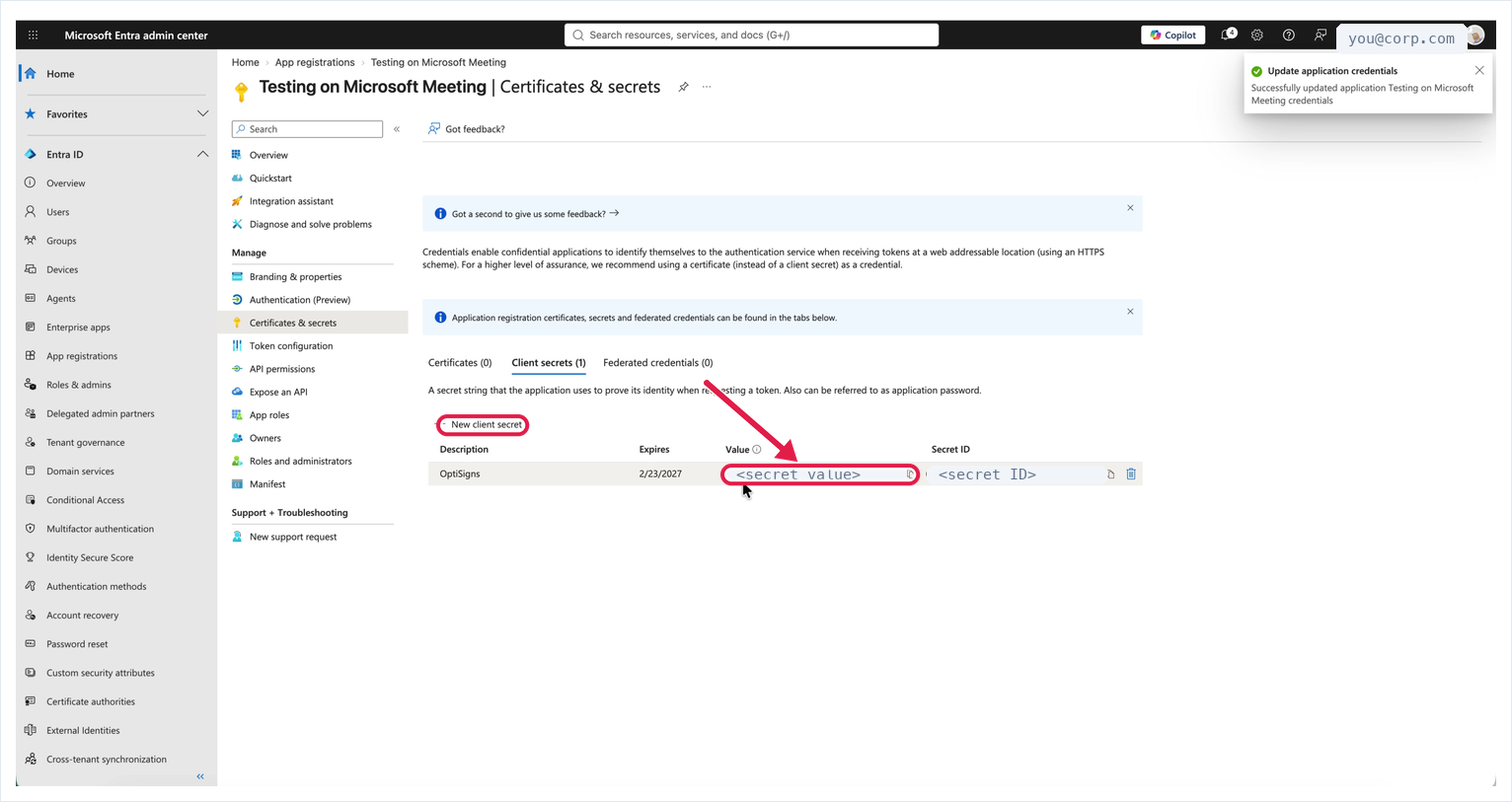 The client secret row, with the Value column highlighted next to the Secret ID
