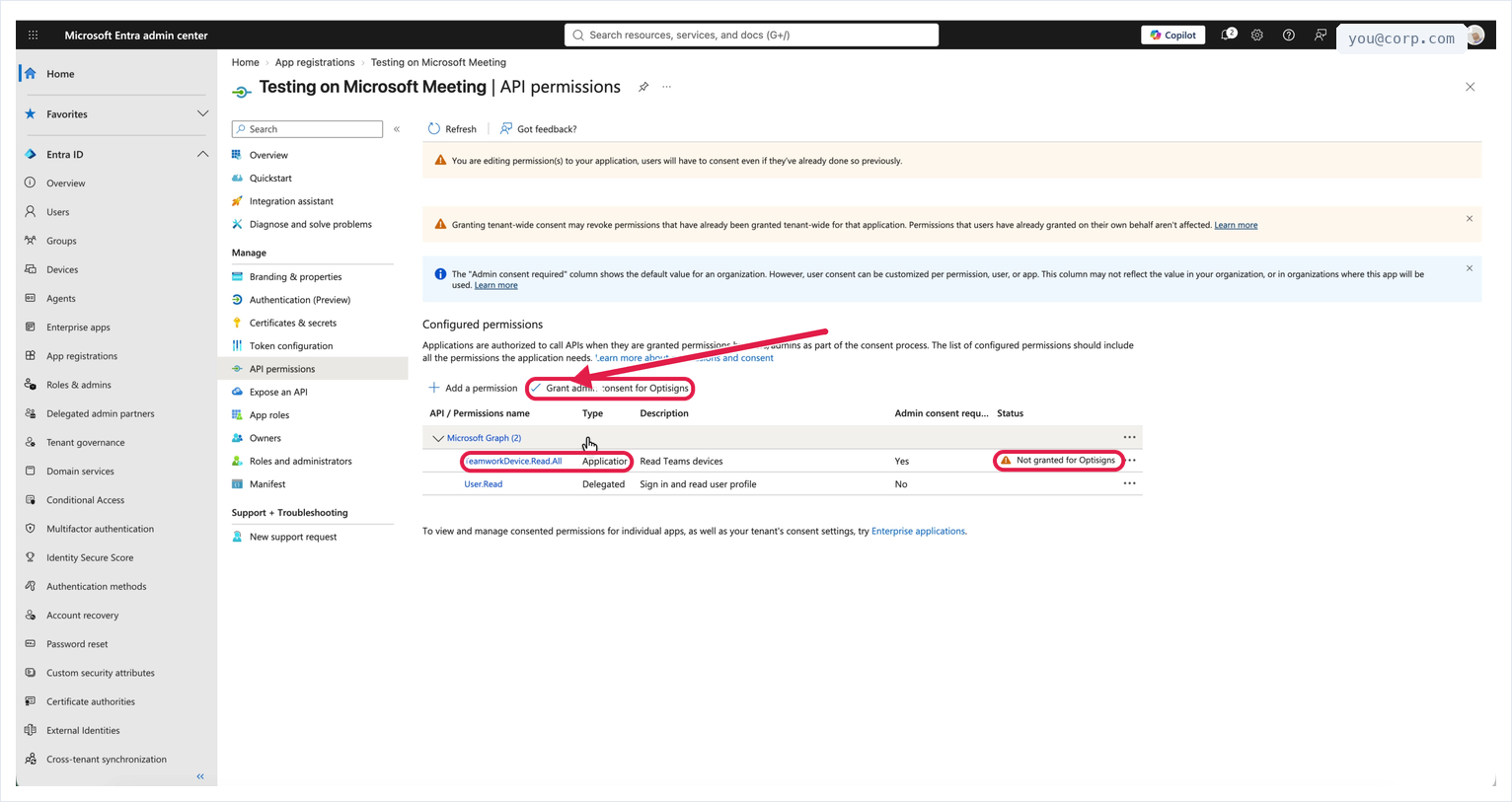 The permission list showing TeamworkDevice.Read.All with the status Not granted