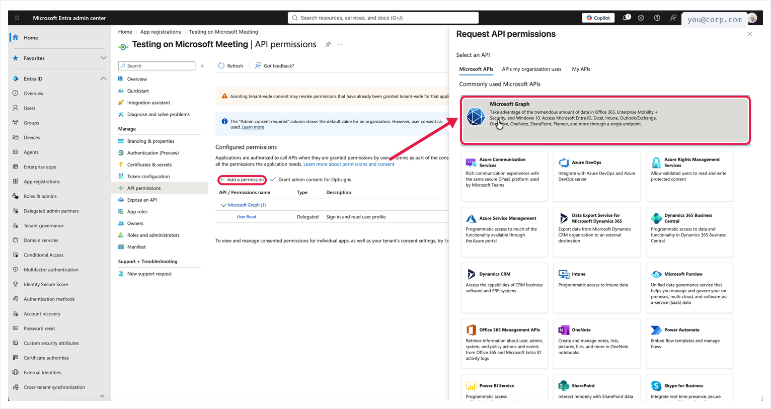 The Request API permissions panel with Microsoft Graph selected