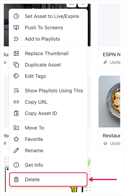 The asset's three-dot menu open, with the Delete option highlighted at the bottom