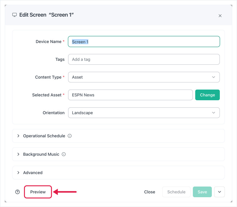 Edit Screen dialog with the Preview button highlighted at the bottom left