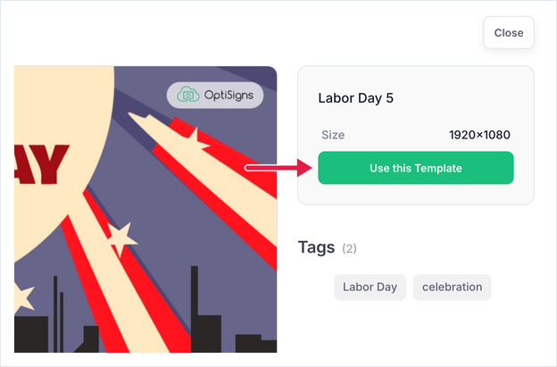 Aperçu du modèle affichant la taille, les tags et le bouton « Use this Template »