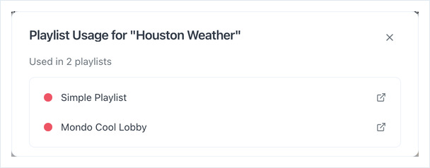 Dialog „Wiedergabelisten-Verwendung“ mit den beiden Wiedergabelisten, die das Asset Houston Weather nutzen