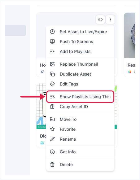 Menu de l'élément ouvert dans Fichiers/Ressources, « Afficher les playlists l'utilisant » en surbrillance