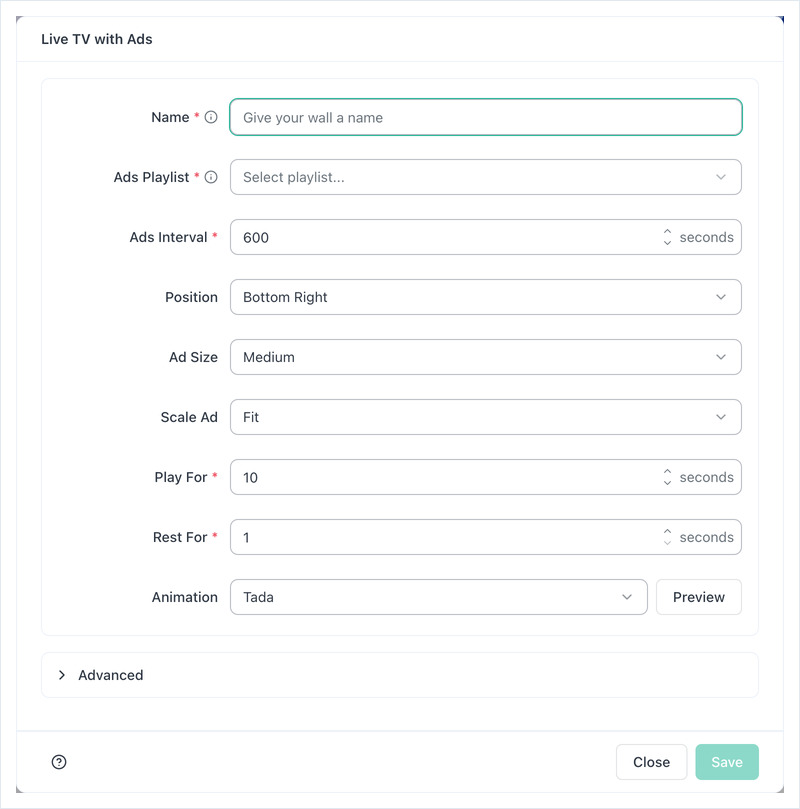 Live TV with Ads setup form: Name, Ads Playlist, Ads Interval, Position, Ad Size, Animation