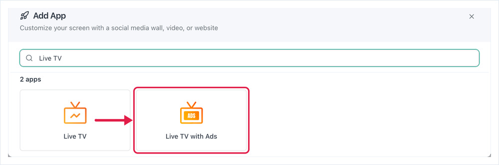 Add App dialog searched for Live TV, with the Live TV with Ads tile highlighted