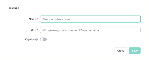 YouTube app dialog with Name, URL and Caption fields