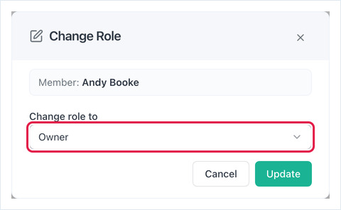 Dialog Change Role mit Change role to auf Owner gesetzt und der Schaltfläche Update