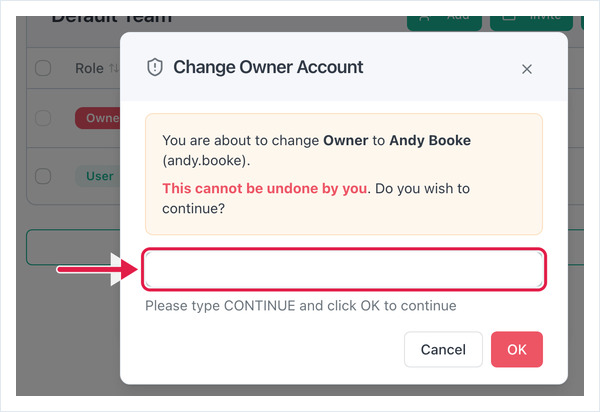 Dialog Change Owner Account: CONTINUE eingeben, mit den Schaltflächen Cancel und OK
