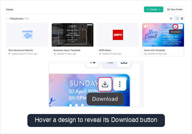 Bestanden/Assets-raster met de knop Downloaden gemarkeerd op een ontwerp