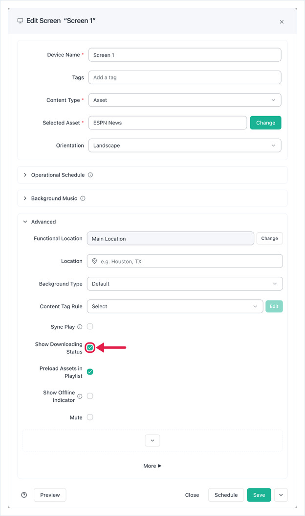 Edit Screen dialog, Advanced section, with Show Downloading Status checkbox highlighted