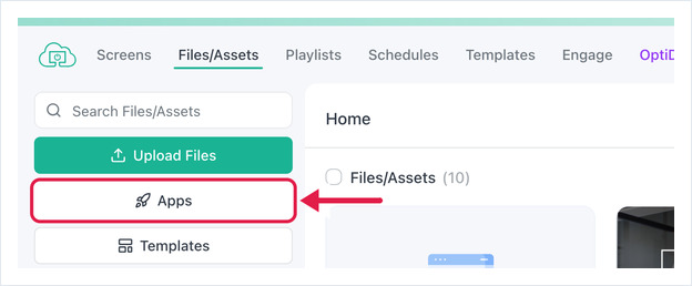 Files/Assets page with the Apps button in the left rail highlighted