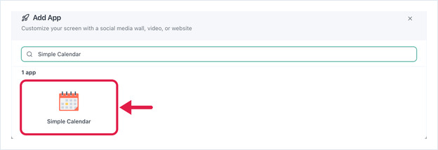 Add App dialog searched to Simple Calendar, with the app tile highlighted