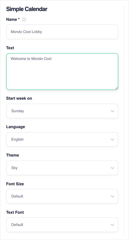Simple Calendar settings form showing all seven fields