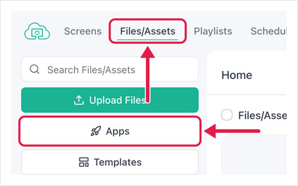 Files/Assets tab and the Apps button highlighted in the OptiSigns portal