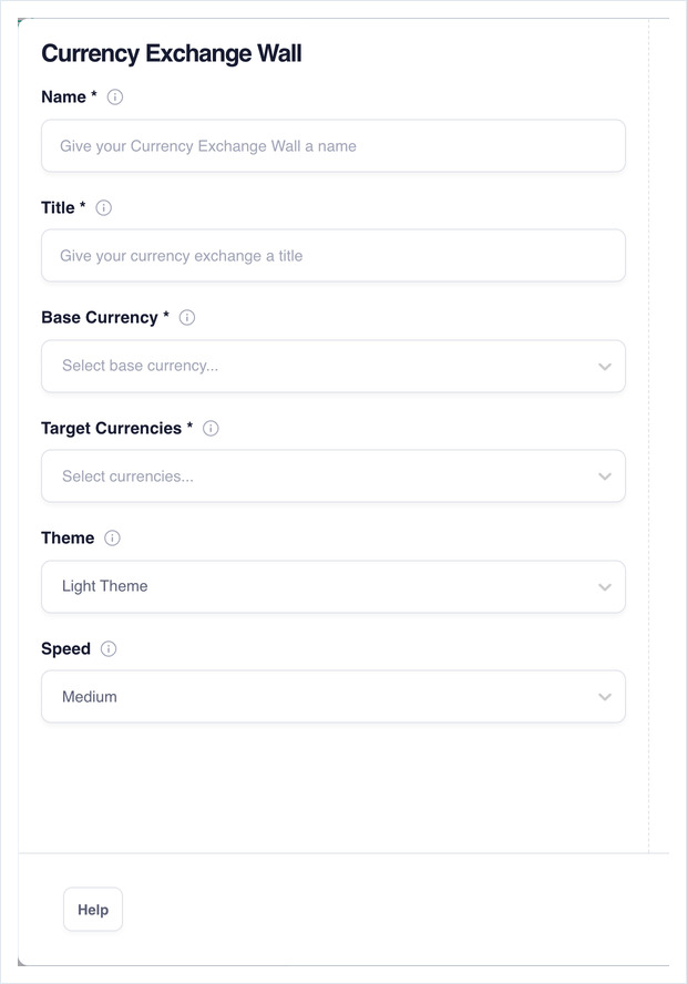 The Currency Exchange Wall configuration form, with its Name, Title, Base Currency, Target Currencies, Theme and Speed fields