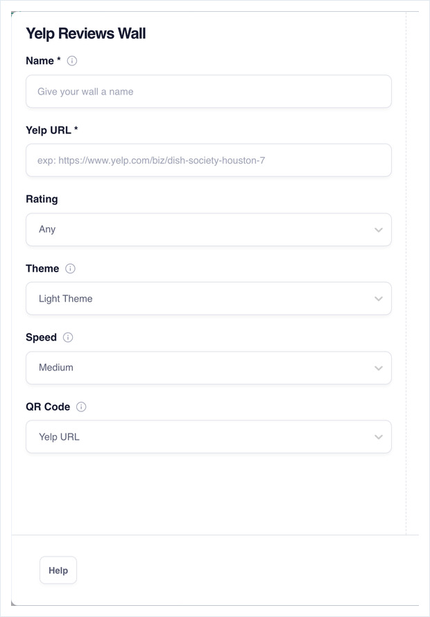The Yelp Reviews Wall configuration form, with its Name, Yelp URL, Rating, Theme, Speed and QR Code fields