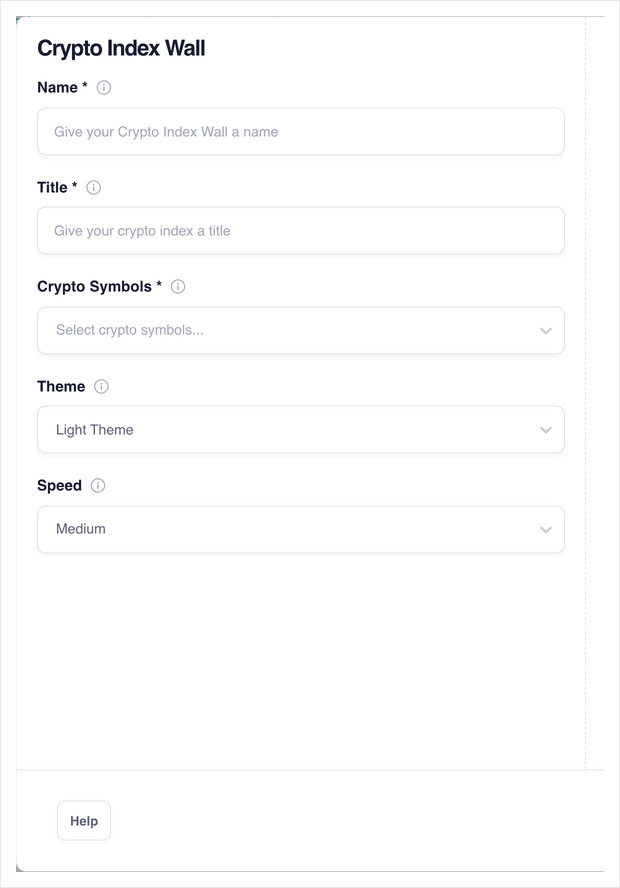 The Crypto Index Wall configuration form, with its Name, Title, Crypto Symbols, Theme and Speed fields