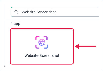 The Add App dialog, searched for Website Screenshot, with the app tile highlighted