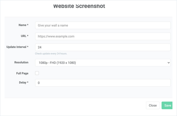Website Screenshot settings: Name, URL, Update Interval, Resolution, Full Page and Delay