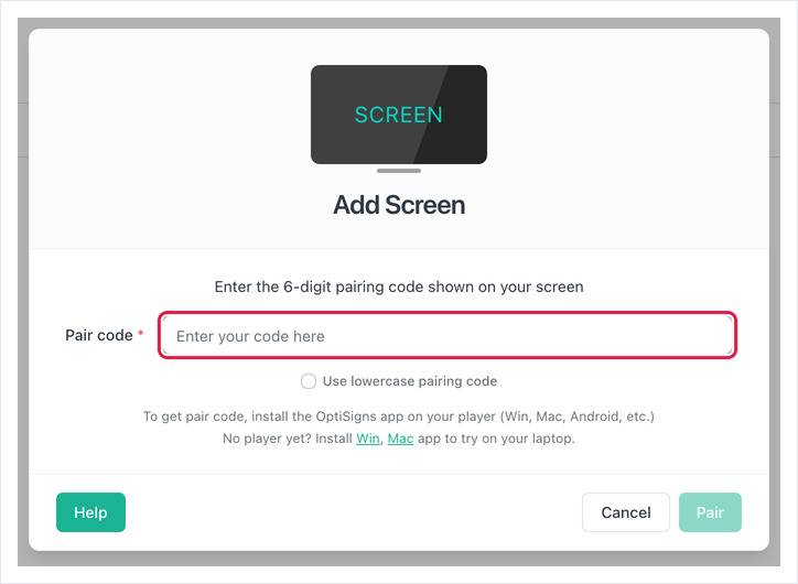 add screen popup optisigns
