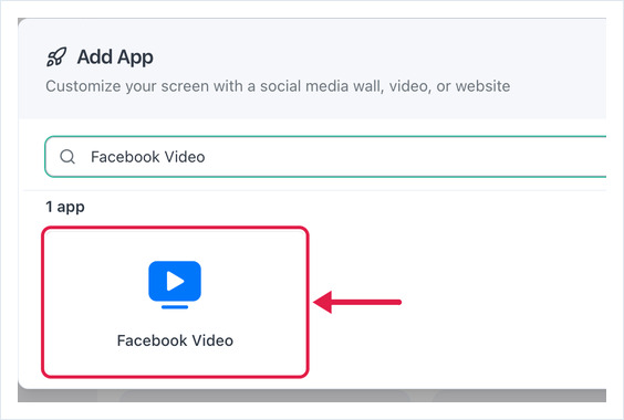 Add App dialog searched for Facebook Video with the app card highlighted