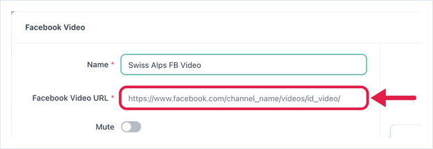 Facebook Video settings with Name, Facebook Video URL and Mute fields
