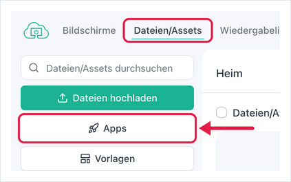 Seite Dateien/Assets mit hervorgehobener Schaltfläche Apps
