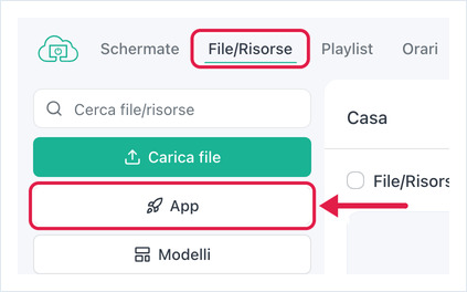 Pagina File/Risorse con il pulsante App evidenziato
